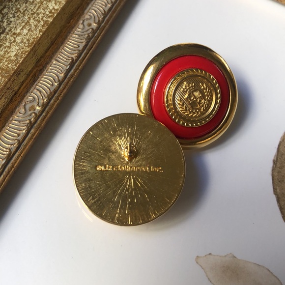 Liz Claiborne vintage button earrings red gold - Picture 4 of 7